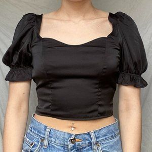 H&M back satin puff sleeve lace up back crop top, XS